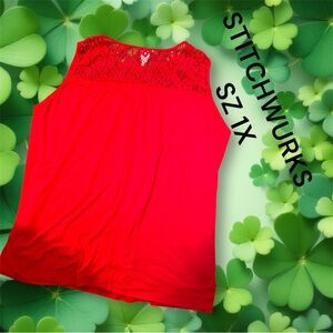 StitchWurks Red Lace sleeveless Top gathers in front Super soft plus size:1X